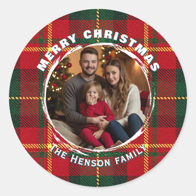 Traditional Personalized Family Photo Plaid  Classic Round Sticker (Front)