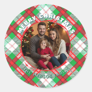 Traditional Personalized Family Photo Plaid  Classic Round Sticker