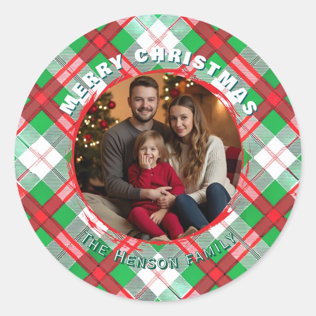 Traditional Personalized Family Photo Plaid  Classic Round Sticker (Front)
