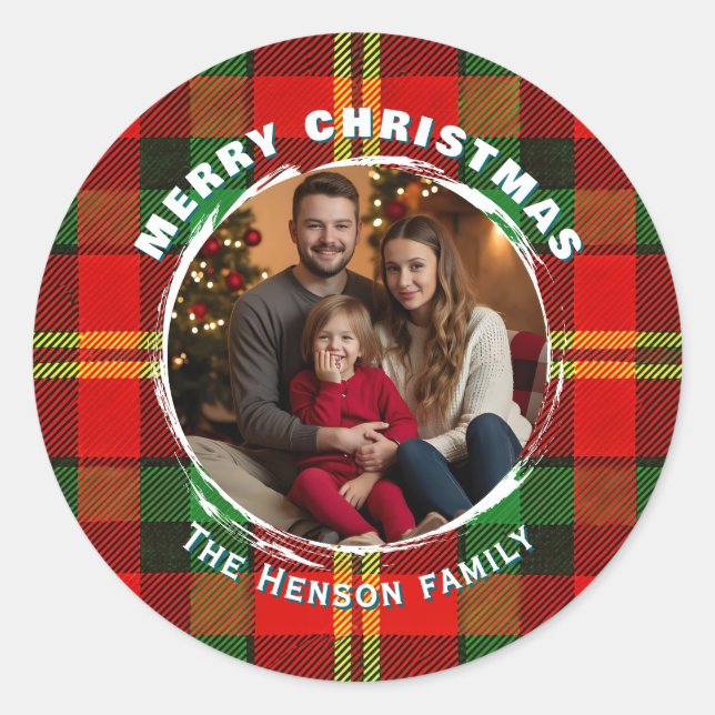 Traditional Personalized Family Photo Plaid  Classic Round Sticker (Front)