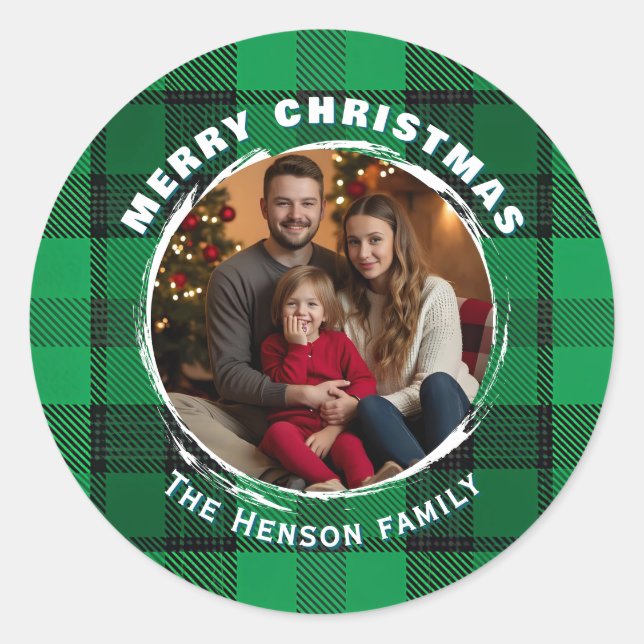 Traditional Personalized Family Photo Plaid  Classic Round Sticker (Front)