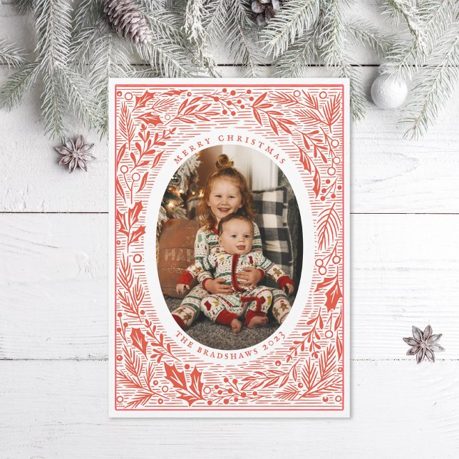 Traditional Pine and Holly Linocut Style Photo Holiday Card (Creator Uploaded)