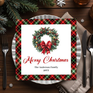 Traditional Pine Wreath Watercolor Christmas Napkin