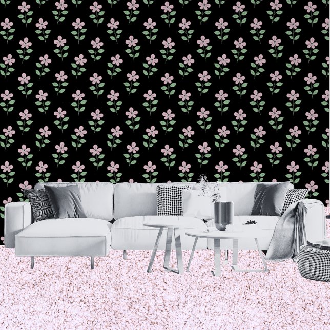 Traditional Pink Flowers Black Floral Pattern  Wallpaper (Living Room)