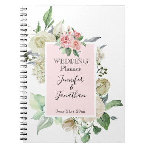Traditional Pink & White Rose Wedding Planner Notebook