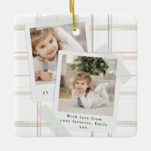 Traditional Plaid 2 Photo Date Keepsake Christmas Ceramic Ornament