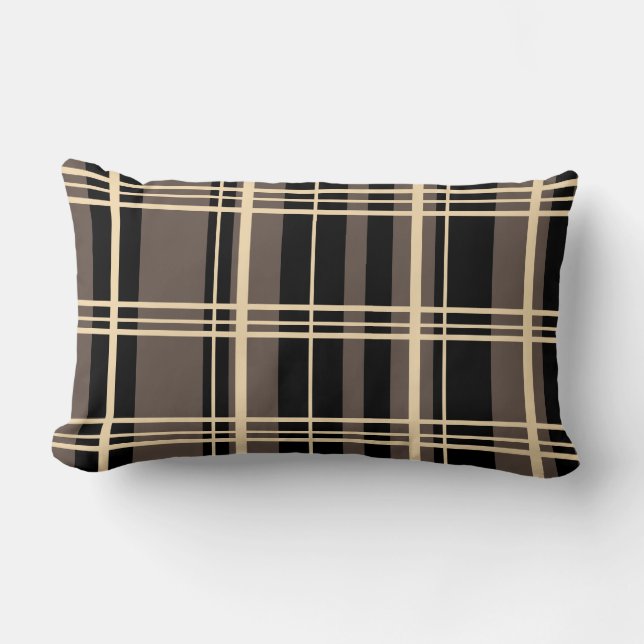 Traditional Plaid Black, Butter Cream, Dark Brown  Lumbar Cushion (Front)