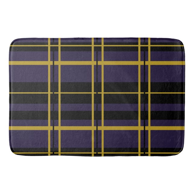 Traditional Plaid Black, Butter Cream, Dark Plum. Bath Mat (Front)
