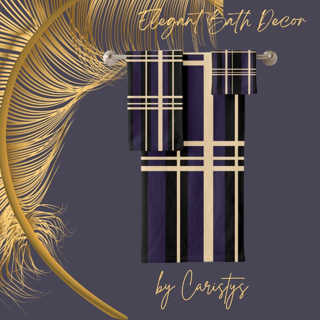 Traditional Plaid Black, Butter Cream, Dark Plum Bath Towel Set (Creator Uploaded)