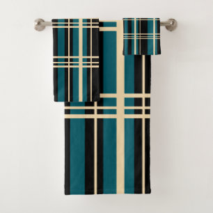 Traditional Plaid Black, Butter Cream, Dark Teal Bath Towel Set