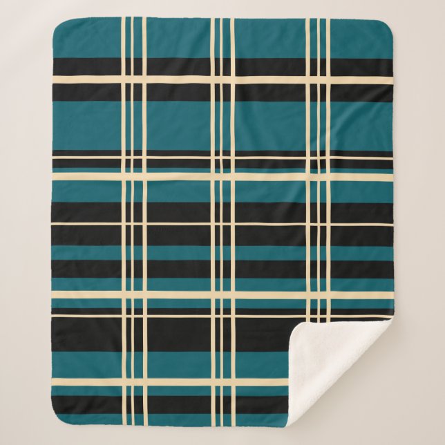 Traditional Plaid Black, Butter Cream, Dark Teal   Sherpa Blanket (Front)