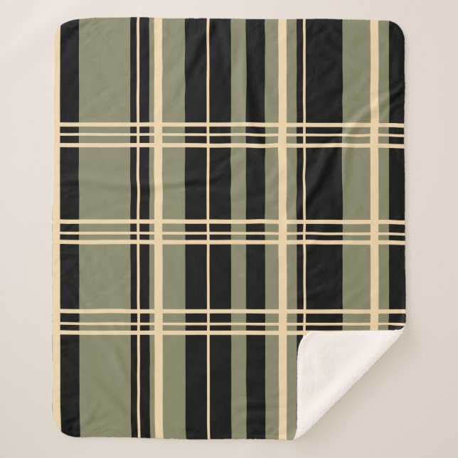 Traditional Plaid Black, Butter Cream, Sage Green Sherpa Blanket (Front)
