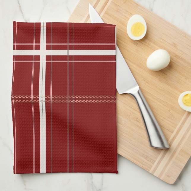 Traditional Plaid Cosy Cabin Burgundy Christmas Tea Towel (Quarter Fold)