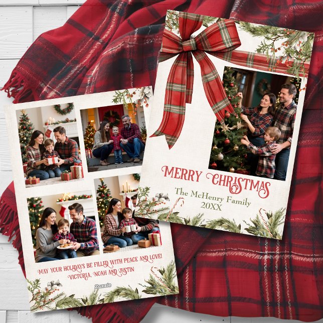 Traditional Plaid Red Bow Christmas 5 Photos Holiday Card (Creator Uploaded)