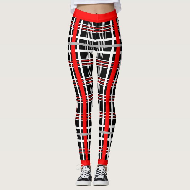 Traditional Plaid - Red White Black Leggings (Front)