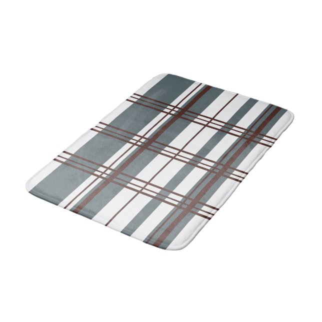 Traditional Plaid Smoke Grey, Deep Burgandy, White Bath Mat (Angled)