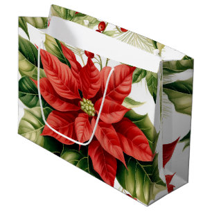 Traditional Poinsettia Christmas Holiday Large Gift Bag