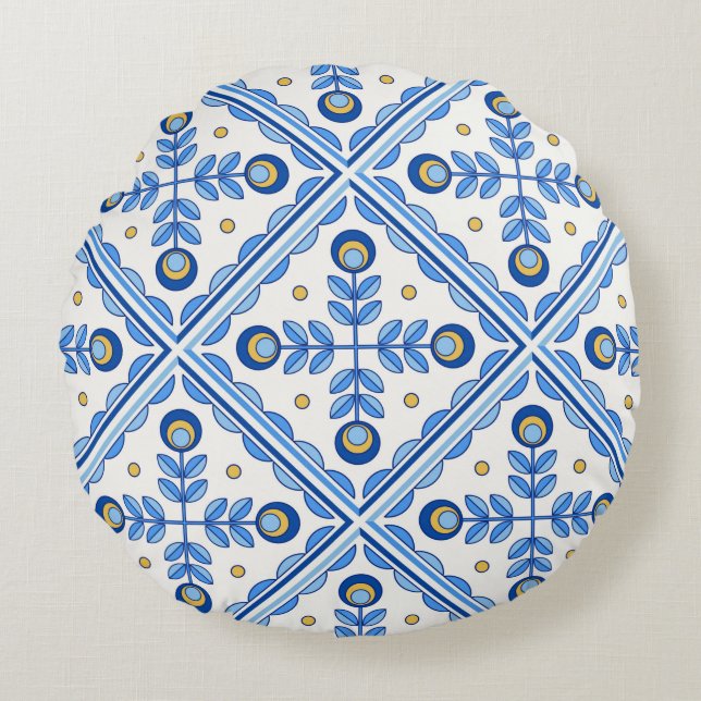 Traditional Portugal Lisbon azulejo ceramic tiles. Round Cushion (Front)