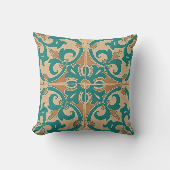 Traditional Portuguese Azulejo Tile | taupe teal Cushion (Front)