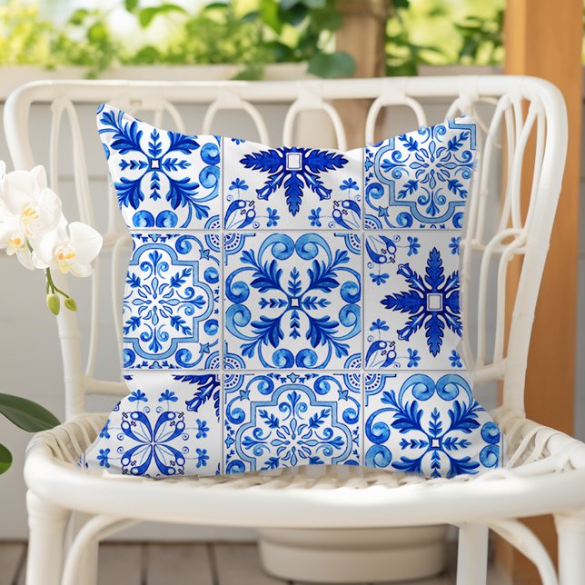 Traditional Portuguese Tile Pattern Blue White Cushion (Creator Uploaded)