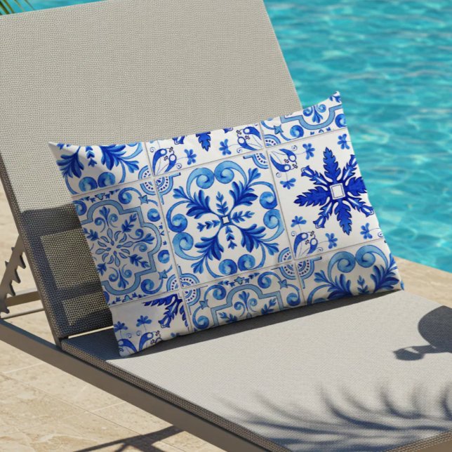 Traditional Portuguese Tile Pattern Blue White Lumbar Cushion (Creator Uploaded)