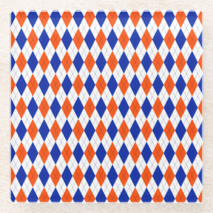 Traditional Preppy Argyle in Orange and Blue Glass Coaster