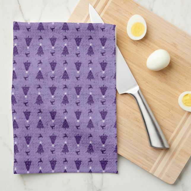 Traditional Purple Christmas Trees & Reindeer Tea Towel (Quarter Fold)