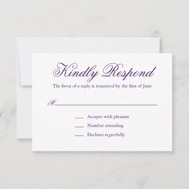 Traditional Purple Formal Elegant Wedding RSVP Card (Front)