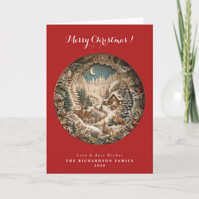Traditional Red 3D papercut Christmas Card (Front)