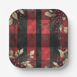 Traditional Red and Black Plaid Christmas Holiday Paper Plate
