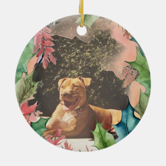 Traditional Red and Green Christmas Holiday Photo Ceramic Tree Decoration (Back)