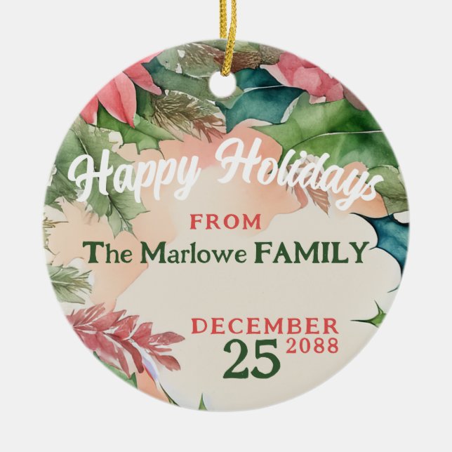 Traditional Red and Green Christmas Holiday Photo Ceramic Tree Decoration (Front)