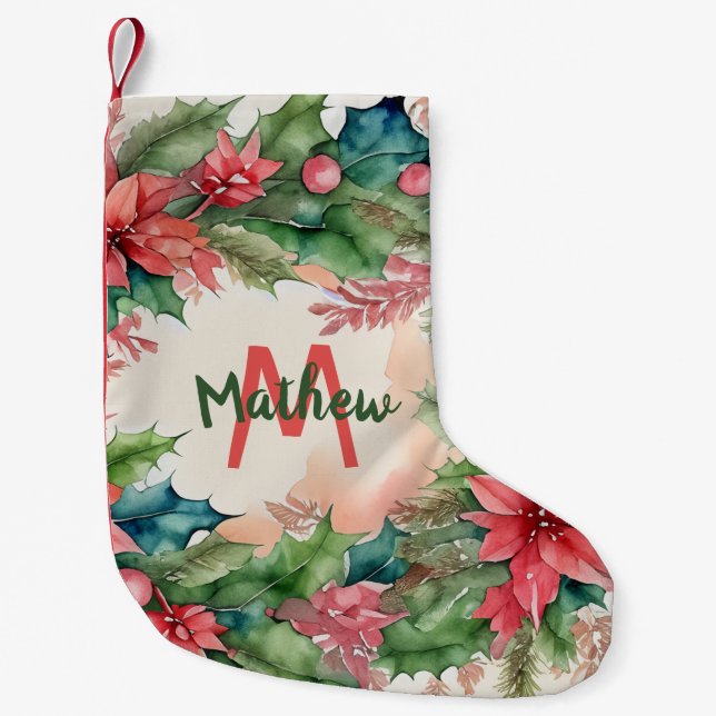 Traditional Red and Green Christmas Holly Wreath  Small Christmas Stocking (Front)