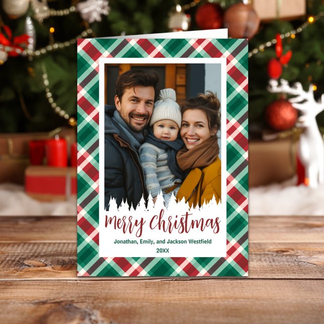 Traditional Red and Green Plaid Photo Christmas  Holiday Card (Traditional Red and Green Plaid Folded Christmas Photo Card)