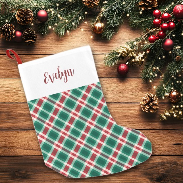 Traditional Red and Green Plaid w/ Name Small Christmas Stocking (Red and Green Traditional Plaid Christmas Stocking with Name)