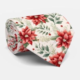 Traditional Red and Green Watercolor Poinsettia Tie