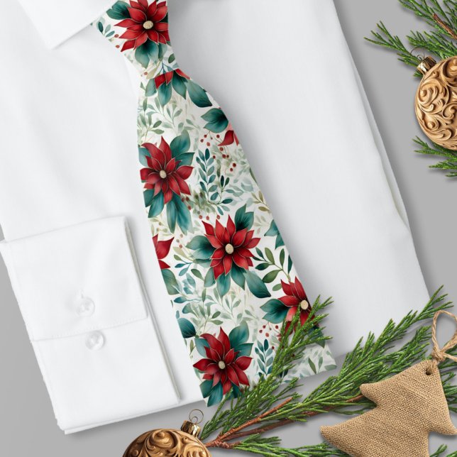 Traditional Red and Green Watercolor Poinsettia  Tie (Traditional Red and Green Watercolor Poinsettia Necktie 
)