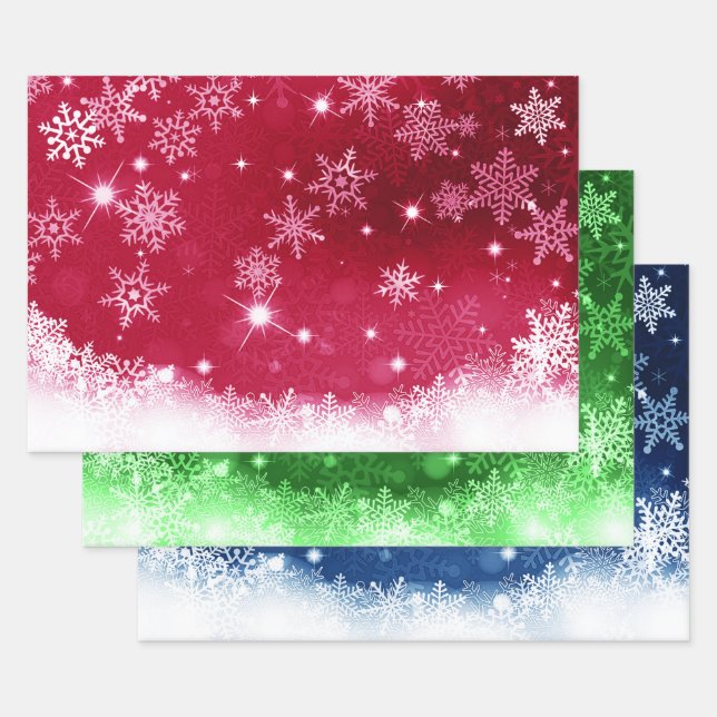 Traditional Red Blue & Green Snowflake Motif Wrapping Paper Sheet (Set)