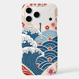 Traditional Red Blue Japanese Wave Sakura Pattern