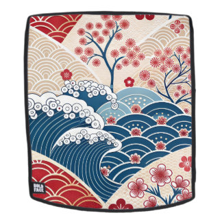 Traditional Red Blue Japanese Wave Sakura Pattern Backpack