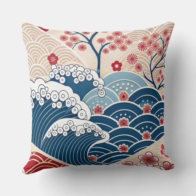 Traditional Red Blue Japanese Wave Sakura Pattern Cushion (Back)