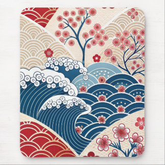 Traditional Red Blue Japanese Wave Sakura Pattern Mouse Pad