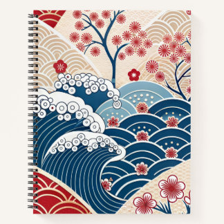 Traditional Red Blue Japanese Wave Sakura Pattern Notebook