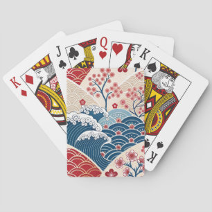 Traditional Red Blue Japanese Wave Sakura Pattern Playing Cards