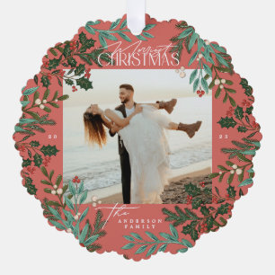 Traditional Red Botanical Christmas photo Tree Decoration Card