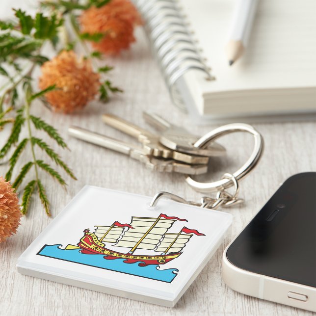 Traditional Red Chinese Junk Ship on Blue Waves Key Ring (Creator Uploaded)