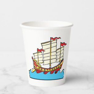 Traditional Red Chinese Junk Ship on Blue Waves Paper Cups