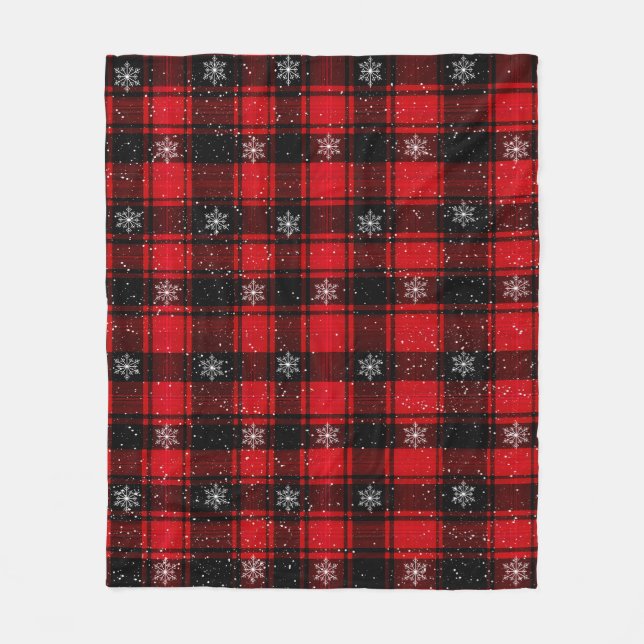 Traditional Red Christmas Plaid with Snowflakes Fleece Blanket (Front)
