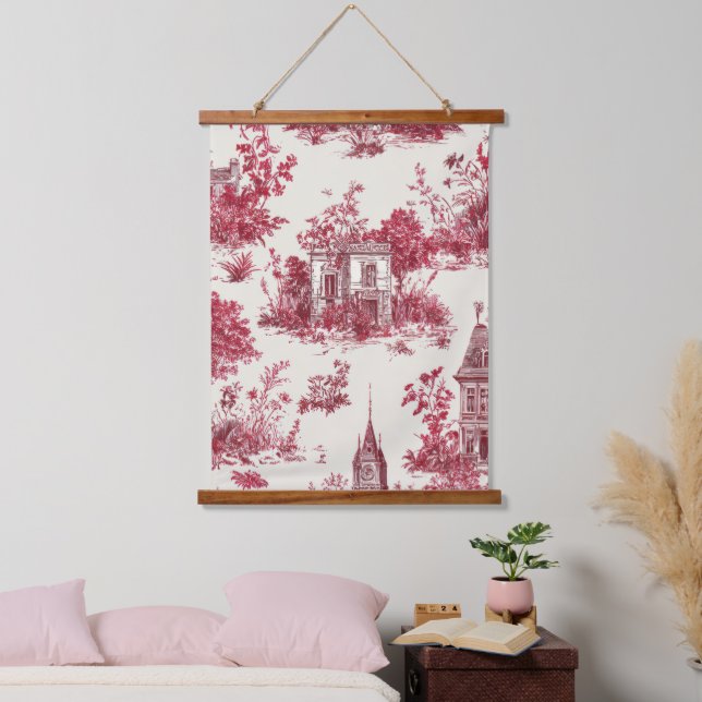 Traditional Red Countryside Toile Pattern Hanging Tapestry (Bedroom)