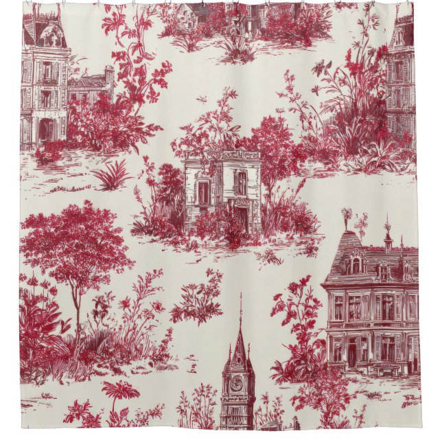 Traditional Red Countryside Toile Pattern Shower Curtain (Front)